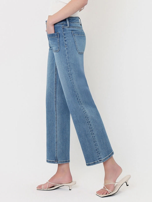 Unleaded Mid Rise Patch Pocket Cropped Slim Wide Leg Jeans