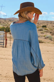 Nico Light Washed Chambray Denim V-Neckline Blouse