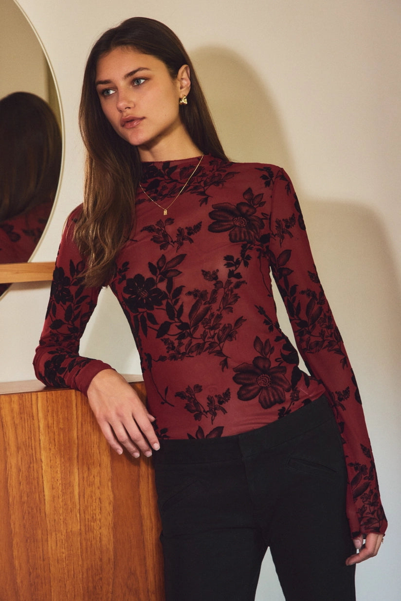 Flocked Floral Burnout Velvet Floral Mesh Mock Neck Fitted Long Sleeve Top