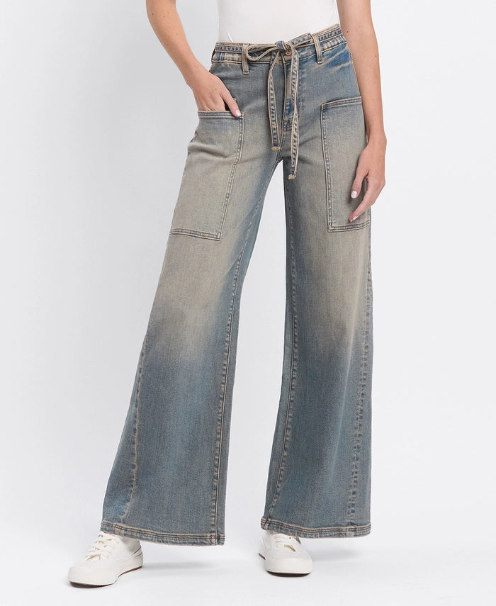 Flower-Child High Rise Elastic/Tie Baggy Wide Leg Jeans