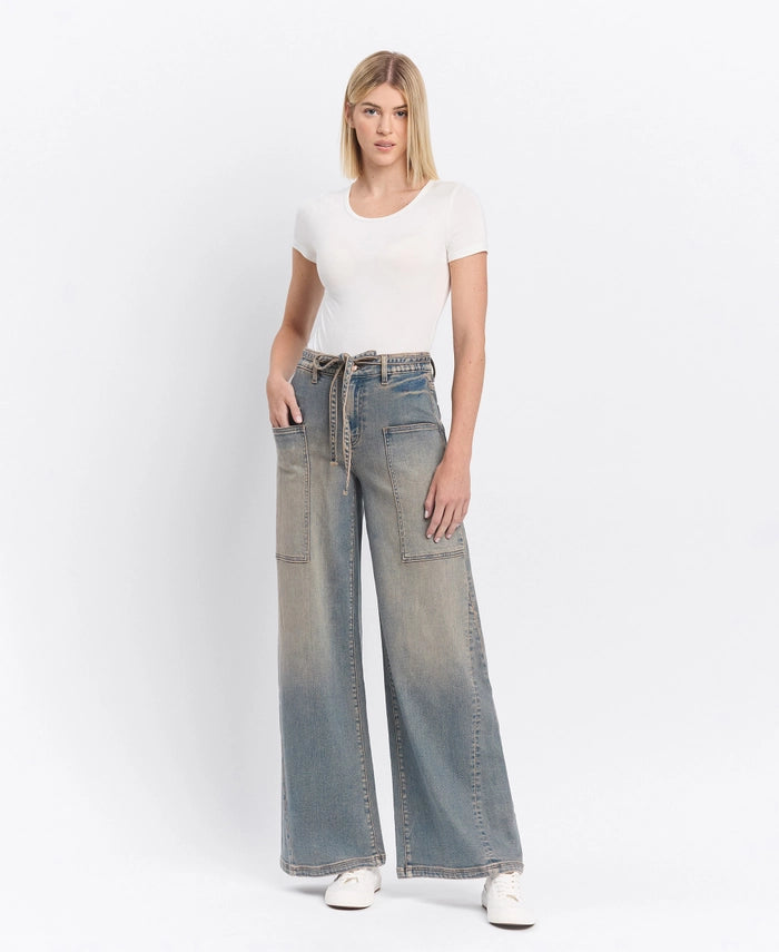 Flower-Child High Rise Elastic/Tie Baggy Wide Leg Jeans