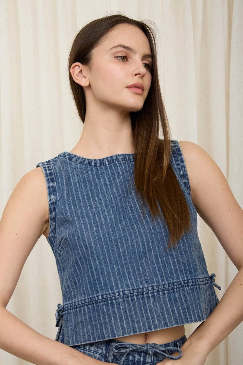 Tessa Sleeveless Side-Tie Striped Washed Denim Crop Top