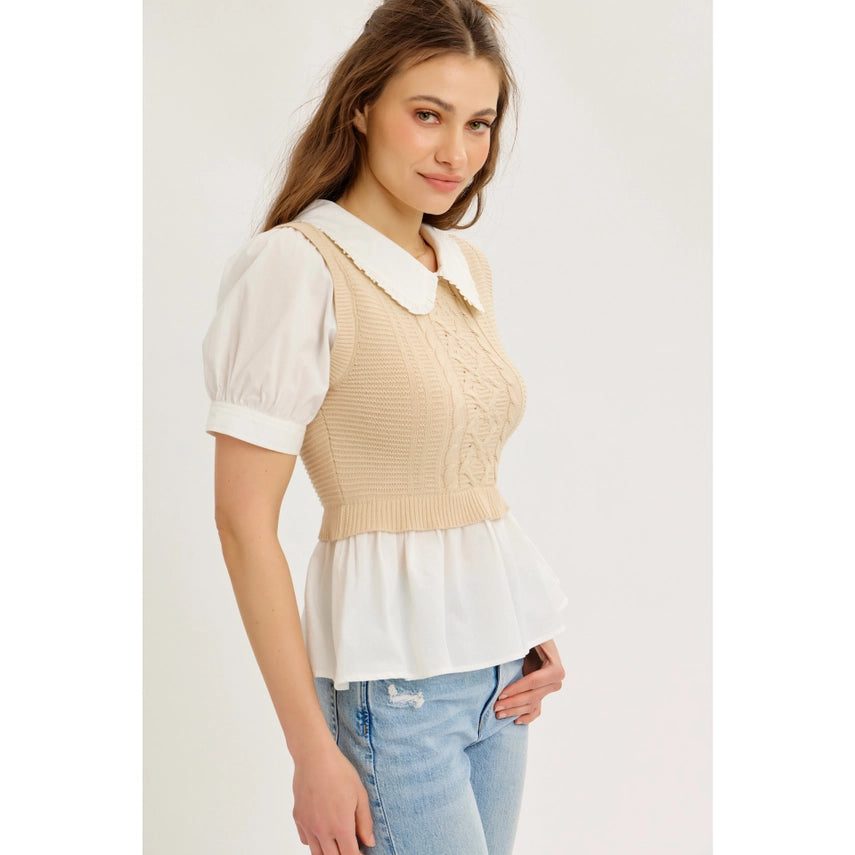 Teagan Sweater Vest Twofer Top with Peter Pan Collar and Ruffled Hem