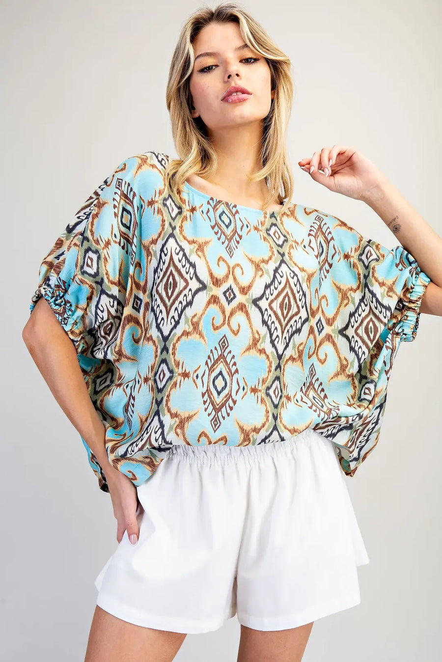 Oaxaca Drop Elastic Sleeve Ikat Print Top