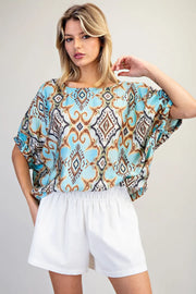 Oaxaca Drop Elastic Sleeve Ikat Print Top