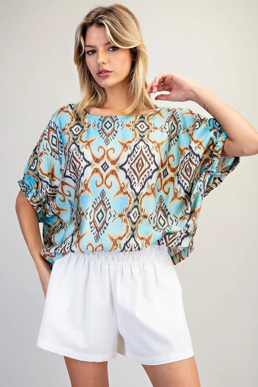 Oaxaca Drop Elastic Sleeve Ikat Print Top