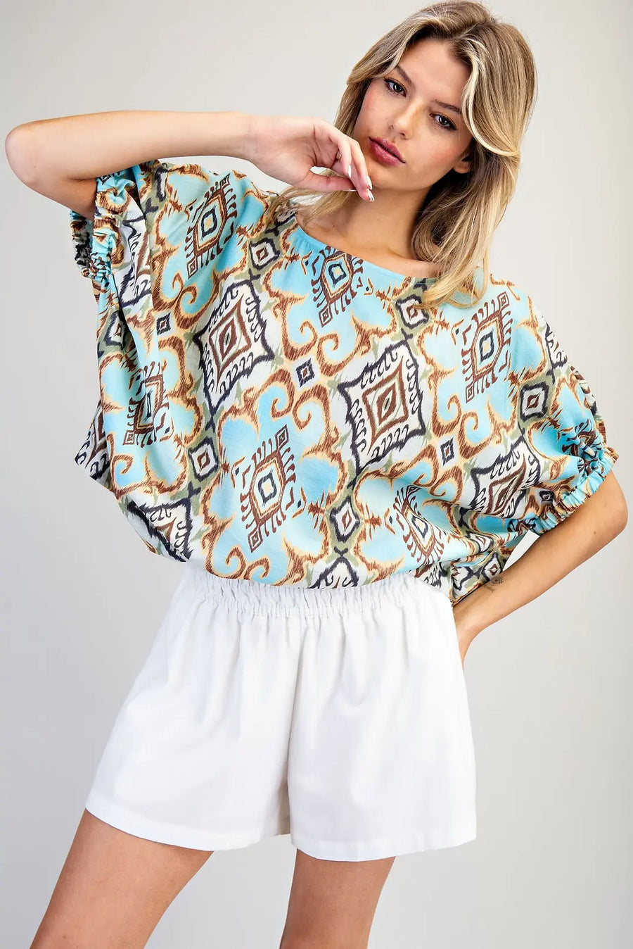Oaxaca Drop Elastic Sleeve Ikat Print Top