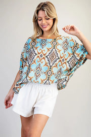 Oaxaca Drop Elastic Sleeve Ikat Print Top