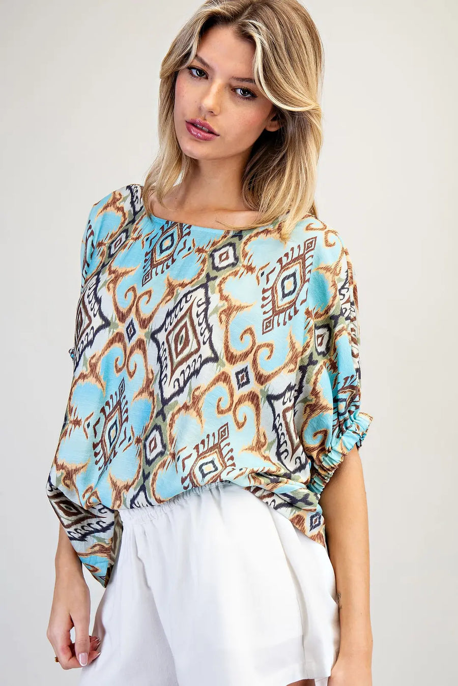 Oaxaca Drop Elastic Sleeve Ikat Print Top
