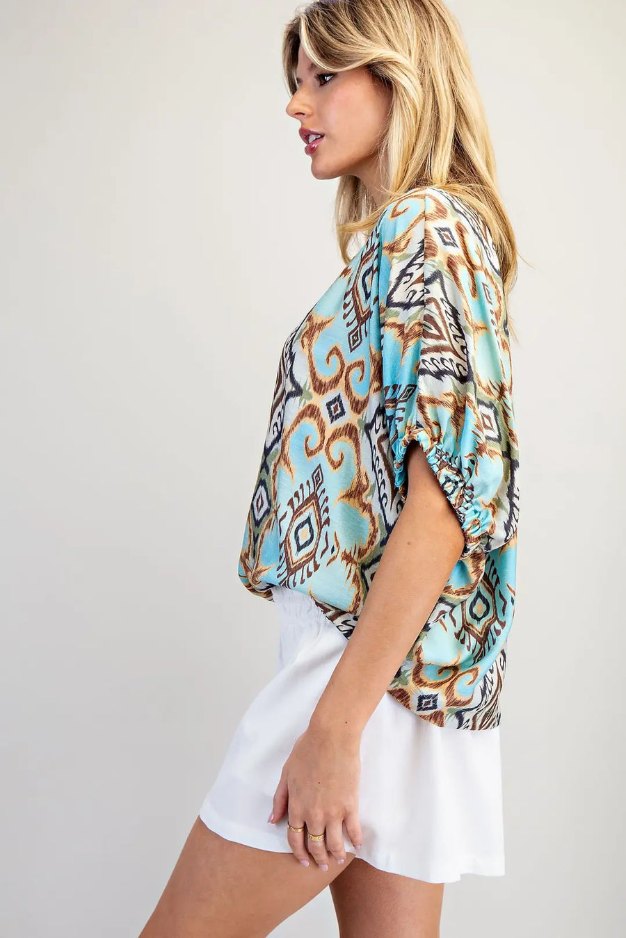 Oaxaca Drop Elastic Sleeve Ikat Print Top