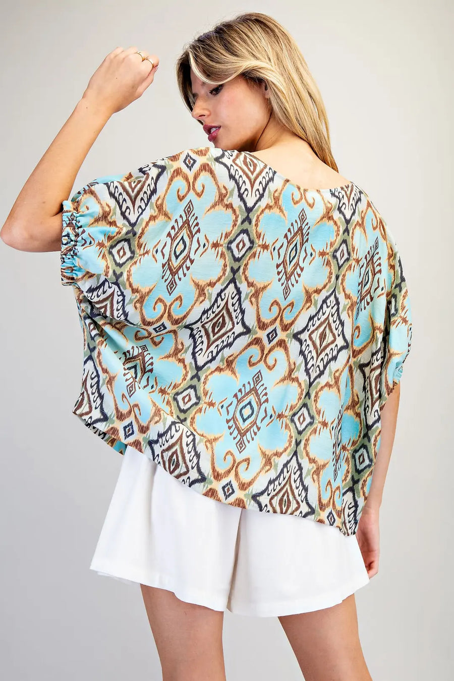 Oaxaca Drop Elastic Sleeve Ikat Print Top