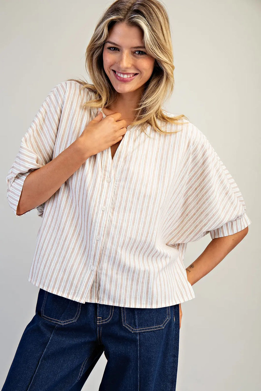 Shae Striped Split V-Neck Button Down Short Sleeve Top