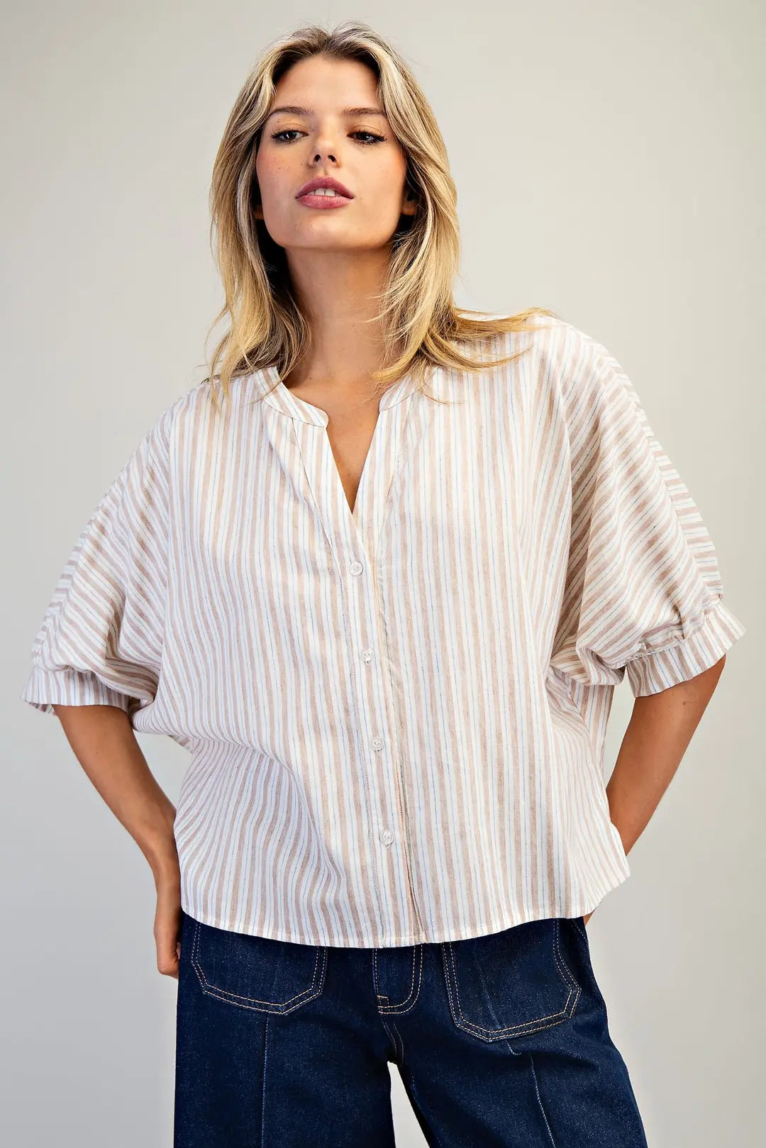 Shae Striped Split V-Neck Button Down Short Sleeve Top