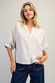 Shae Striped Split V-Neck Button Down Short Sleeve Top