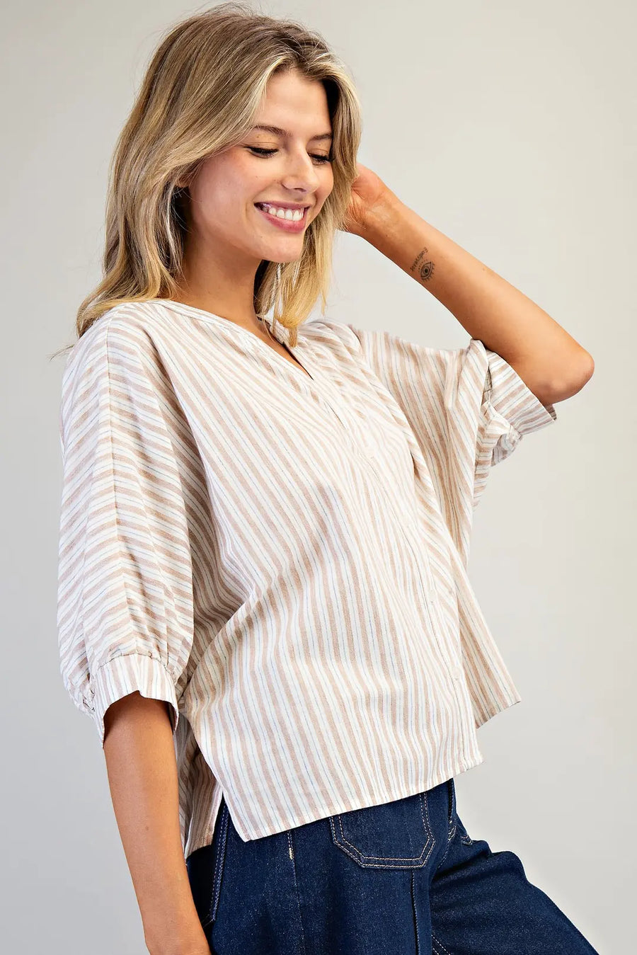 Shae Striped Split V-Neck Button Down Short Sleeve Top