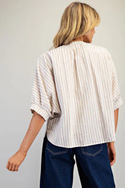 Shae Striped Split V-Neck Button Down Short Sleeve Top