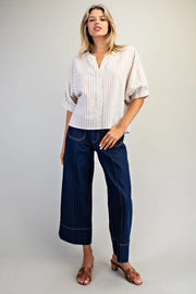 Shae Striped Split V-Neck Button Down Short Sleeve Top