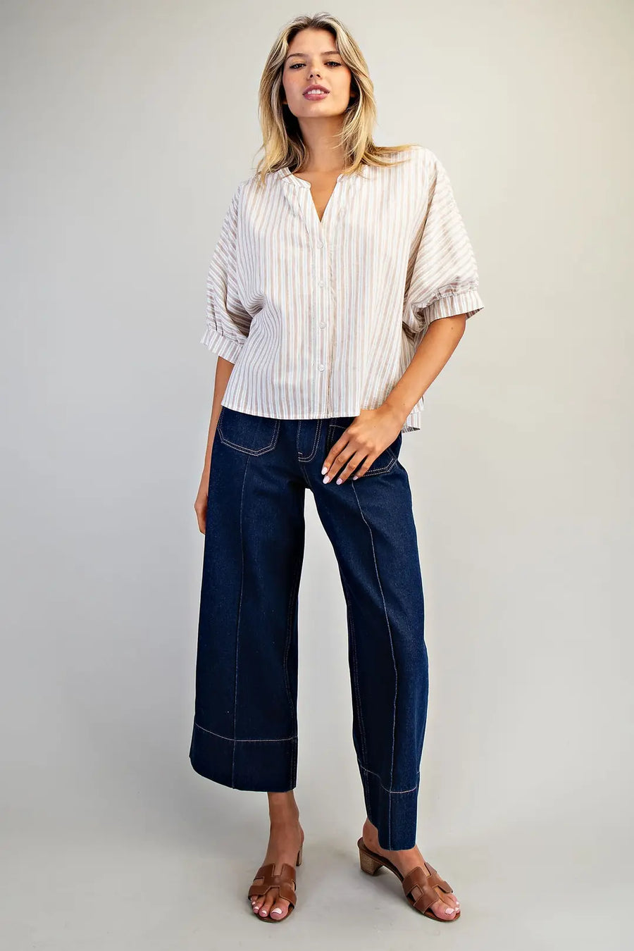 Shae Striped Split V-Neck Button Down Short Sleeve Top