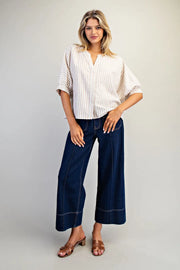 Shae Striped Split V-Neck Button Down Short Sleeve Top