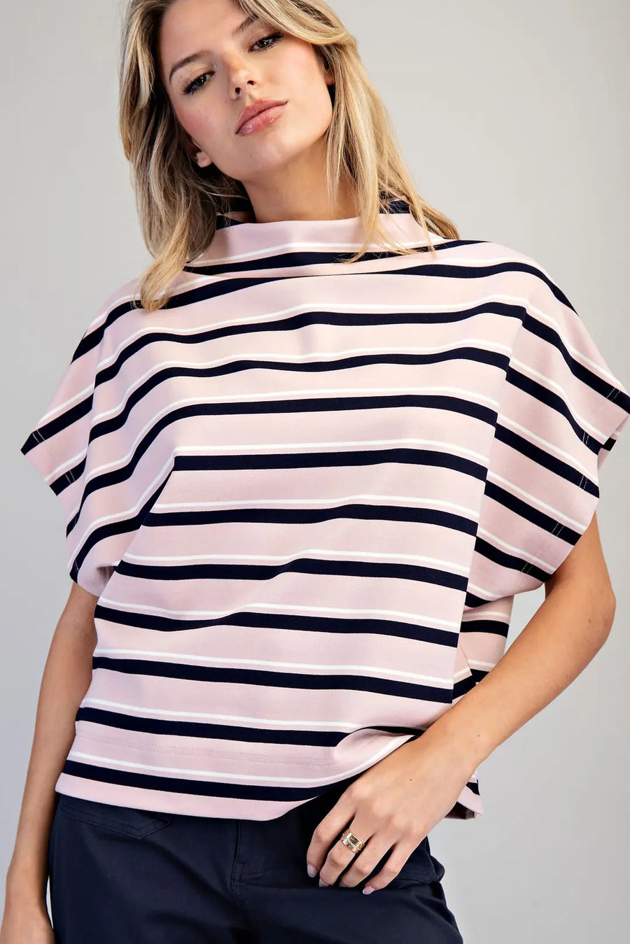 Bria Stripes Mock Neck Short Sleeve Top