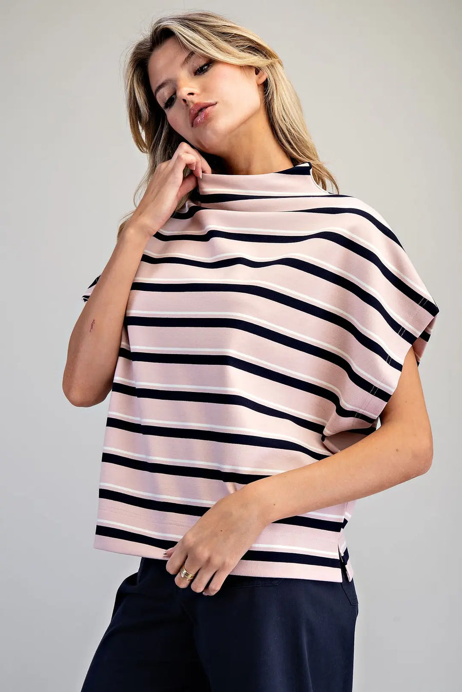 Bria Stripes Mock Neck Short Sleeve Top