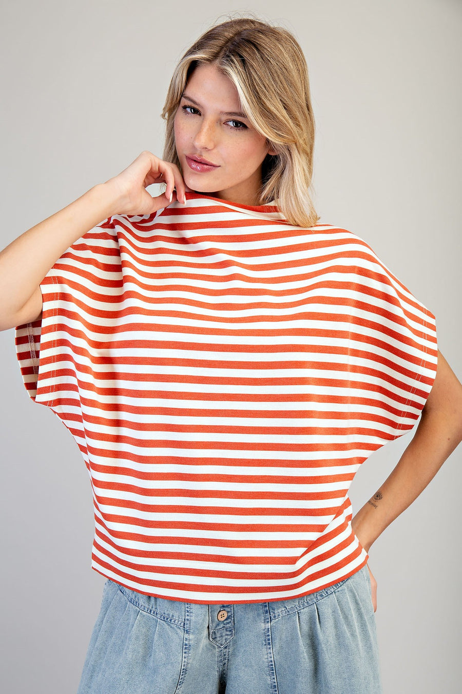 Bria Stripes Mock Neck Short Sleeve Top