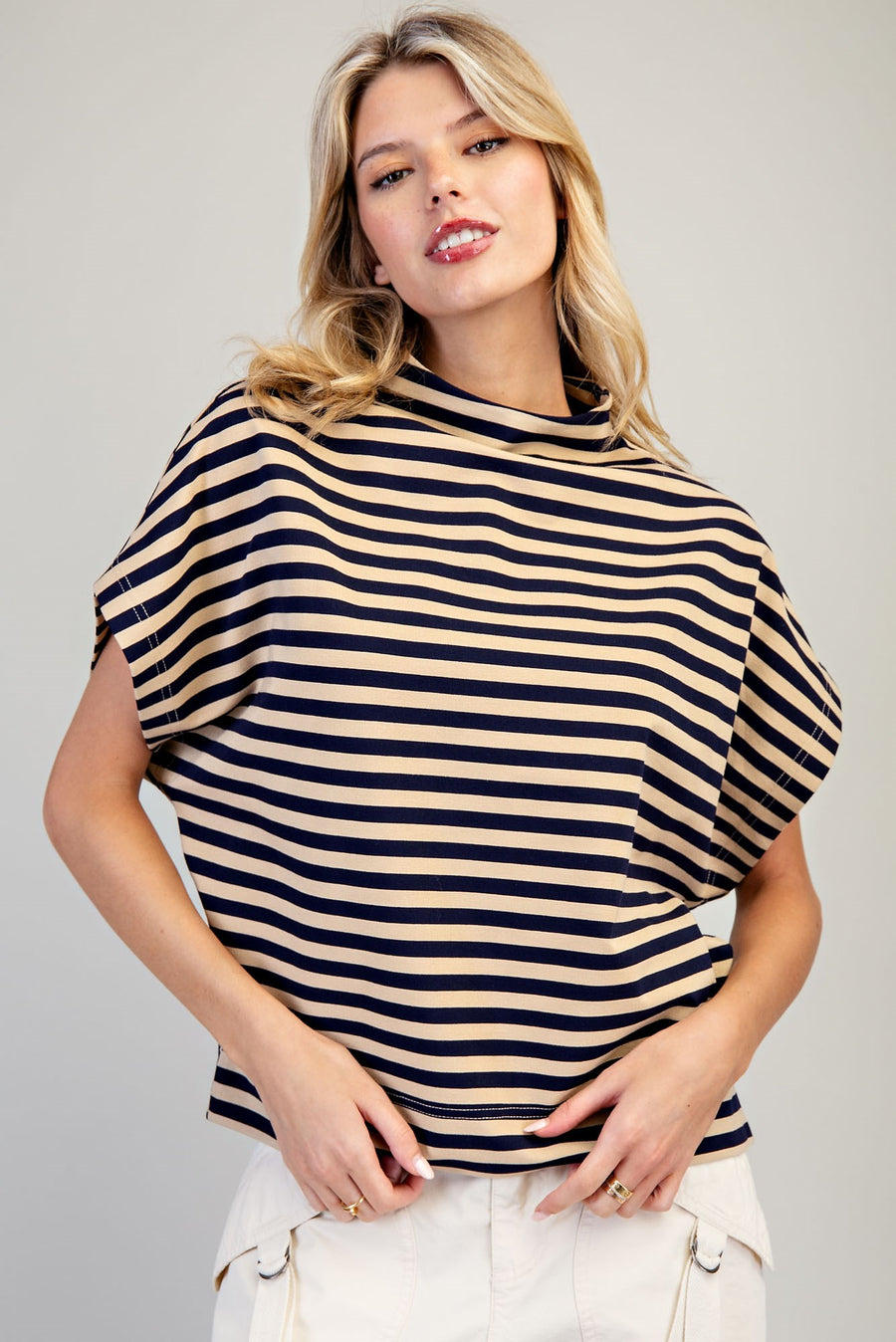 Bria Stripes Mock Neck Short Sleeve Top