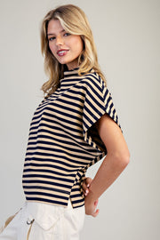 Bria Stripes Mock Neck Short Sleeve Top