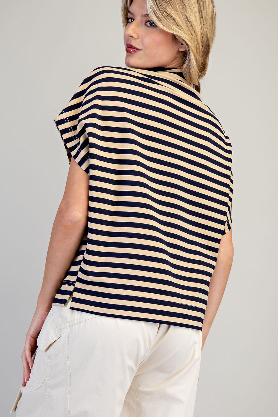 Bria Stripes Mock Neck Short Sleeve Top