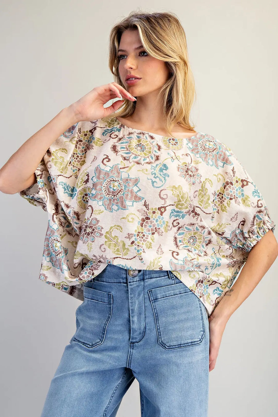 Tulum Vintage Botanical Drop Elastic Sleeve Boho Floral Print Blouse Top