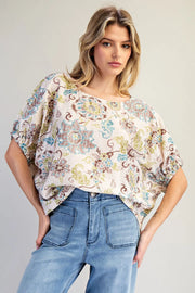 Tulum Vintage Botanical Drop Elastic Sleeve Boho Floral Print Blouse Top