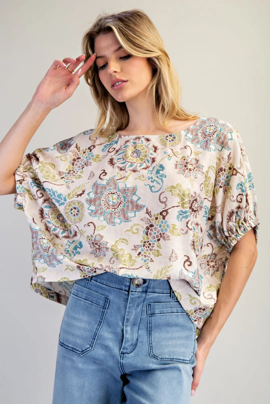 Tulum Vintage Botanical Drop Elastic Sleeve Boho Floral Print Blouse Top