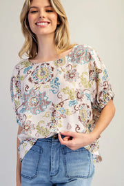 Tulum Vintage Botanical Drop Elastic Sleeve Boho Floral Print Blouse Top
