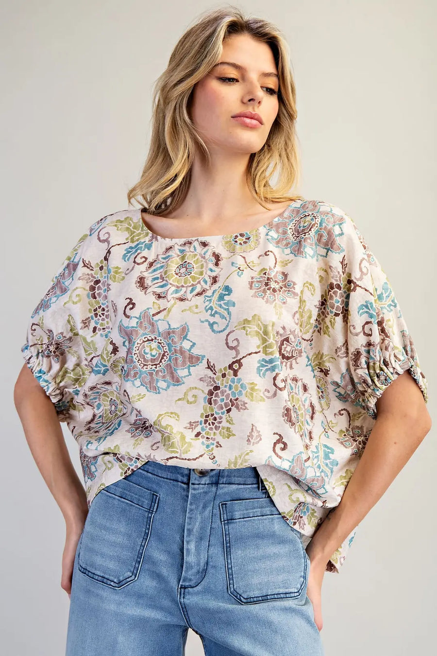 Tulum Vintage Botanical Drop Elastic Sleeve Boho Floral Print Blouse Top