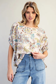 Tulum Vintage Botanical Drop Elastic Sleeve Boho Floral Print Blouse Top