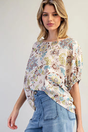 Tulum Vintage Botanical Drop Elastic Sleeve Boho Floral Print Blouse Top