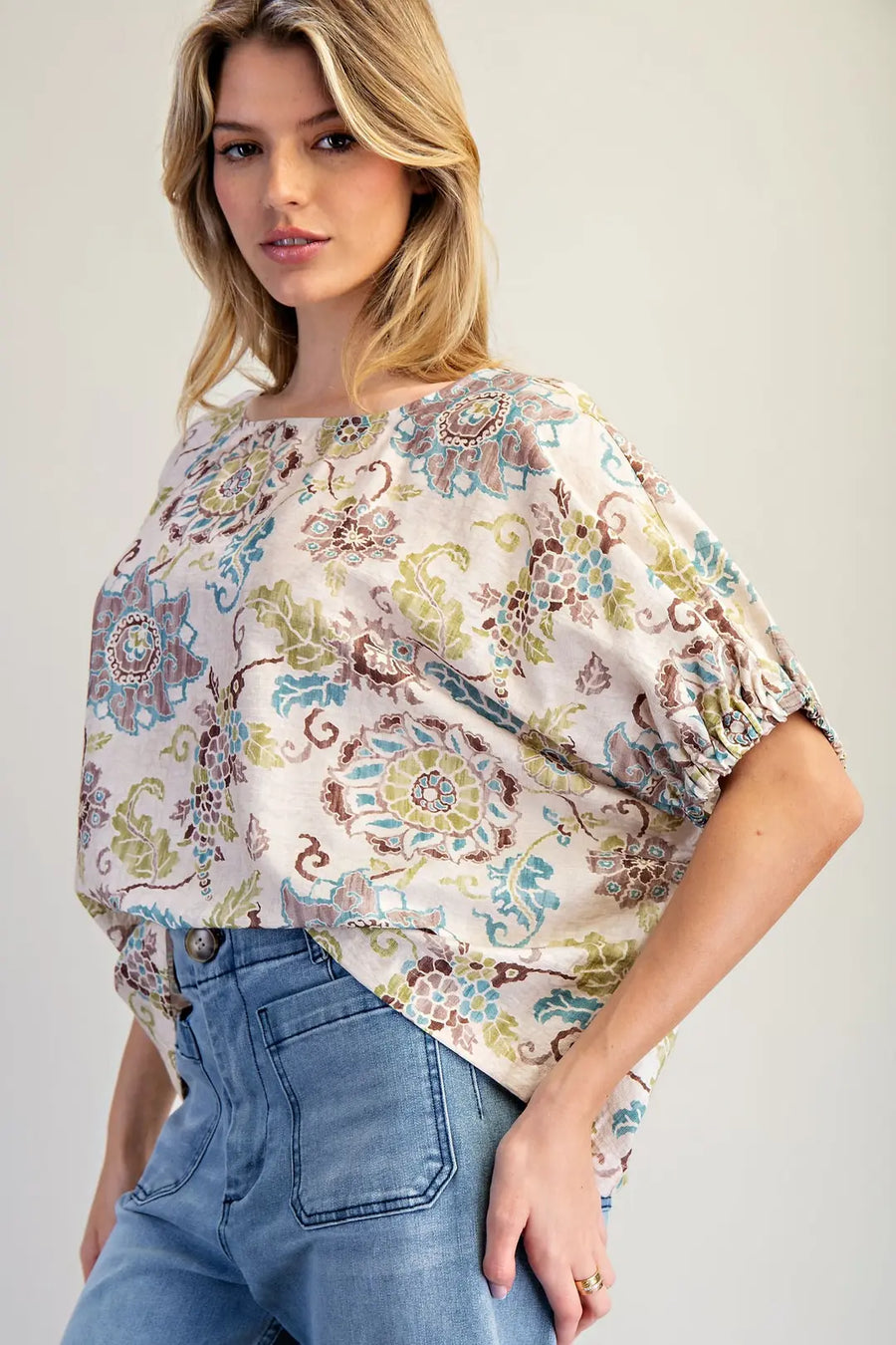 Tulum Vintage Botanical Drop Elastic Sleeve Boho Floral Print Blouse Top