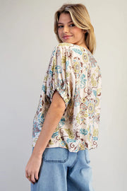 Tulum Vintage Botanical Drop Elastic Sleeve Boho Floral Print Blouse Top