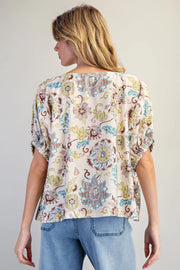 Tulum Vintage Botanical Drop Elastic Sleeve Boho Floral Print Blouse Top