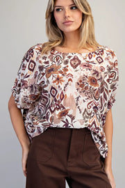 Desert Gardens Drop Elastic Sleeve Boho Floral Top