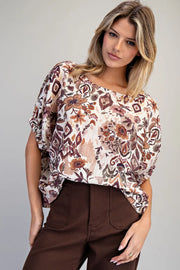 Desert Gardens Drop Elastic Sleeve Boho Floral Top