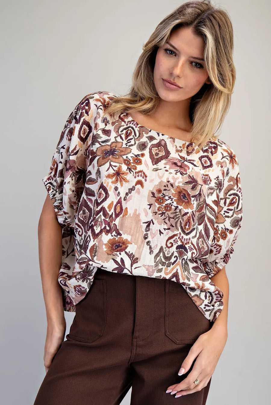 Desert Gardens Drop Elastic Sleeve Boho Floral Top