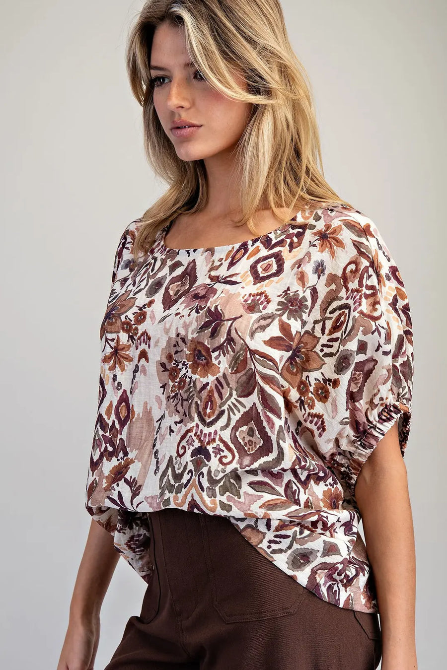Desert Gardens Drop Elastic Sleeve Boho Floral Top