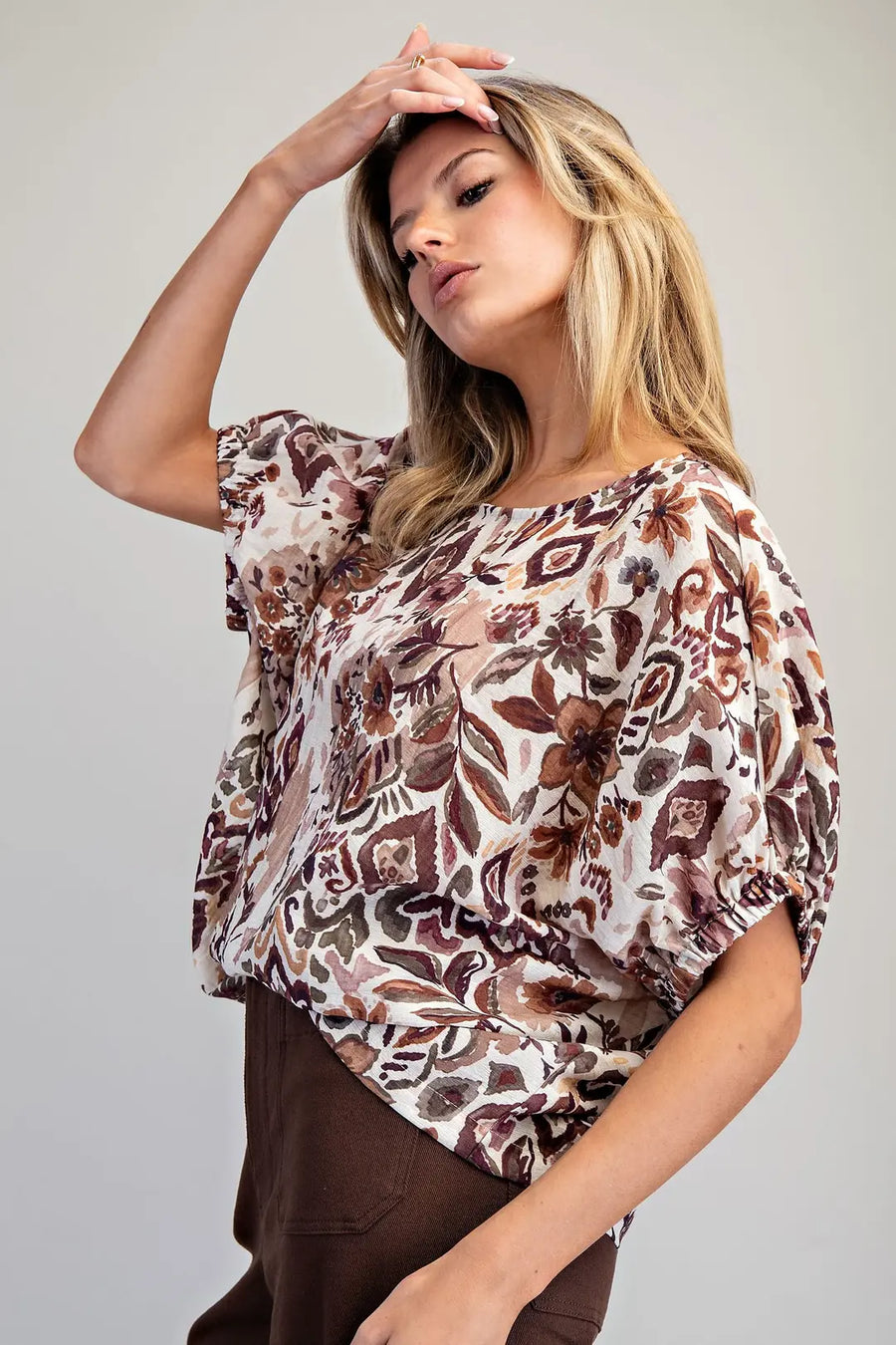 Desert Gardens Drop Elastic Sleeve Boho Floral Top