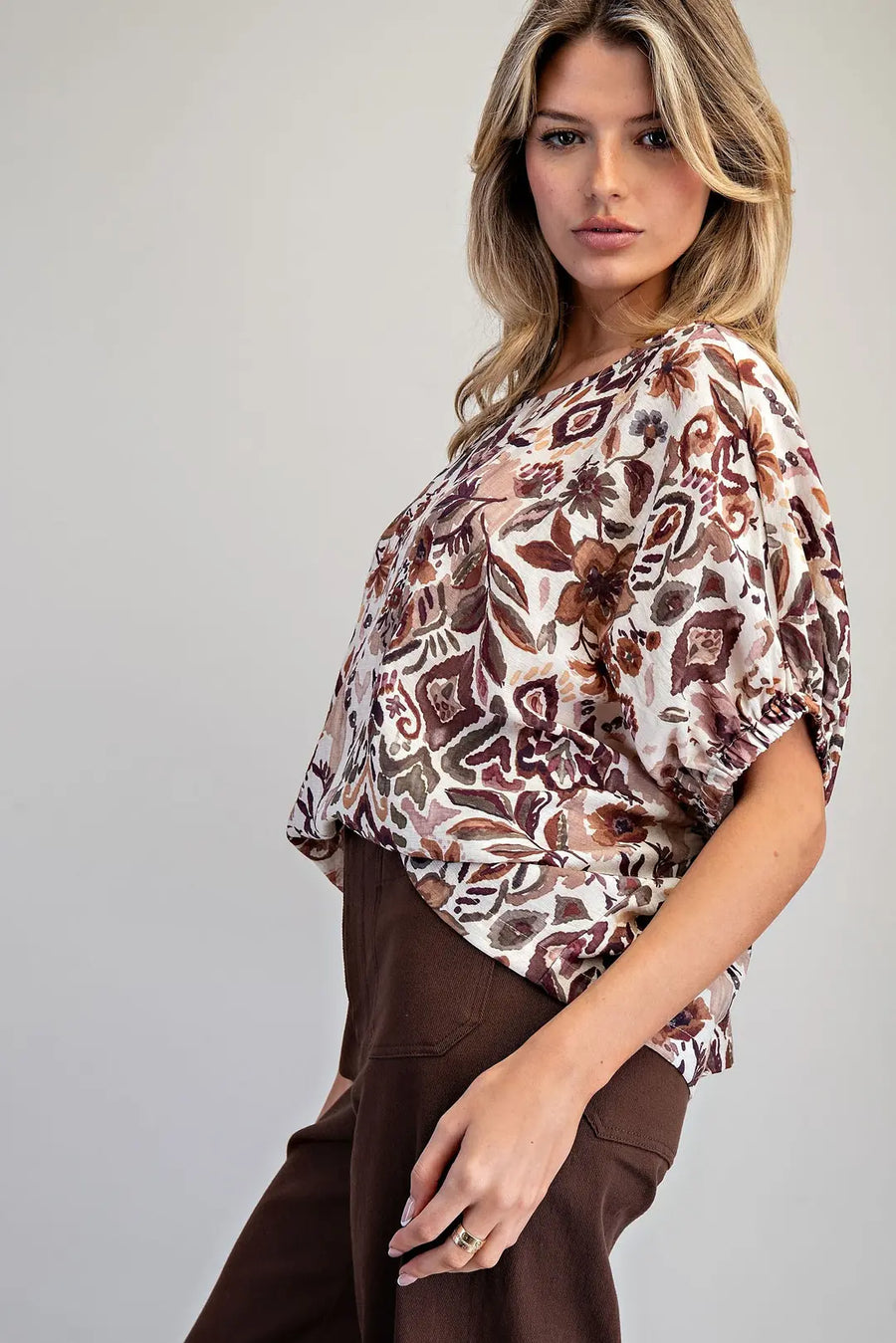 Desert Gardens Drop Elastic Sleeve Boho Floral Top