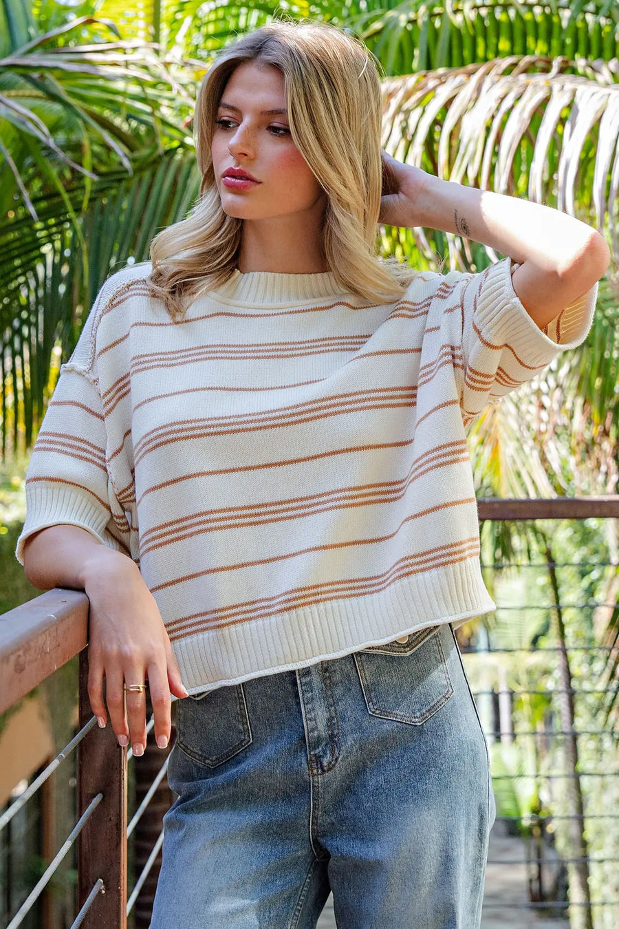Seriyah Striped Short Sleeve Ribbed Sweater Top