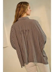 Dasha Striped Button Down 3/4 Sleeve Oversized Shirt
