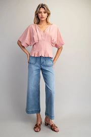 Aden Mineral Washed V-Neck Pleated Top
