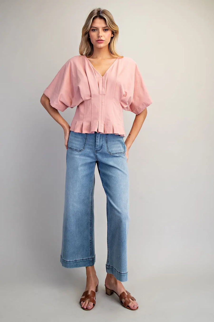 Aden Mineral Washed V-Neck Pleated Top