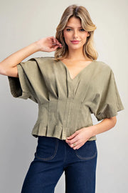 Aden Mineral Washed V-Neck Pleated Top